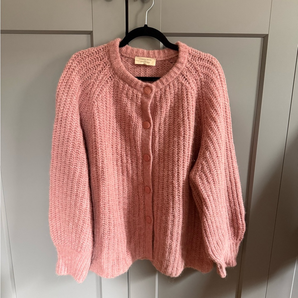 Sézane Achille Cardigan Mottled Pink Mohair Wool XXXL Balloon Sleeve